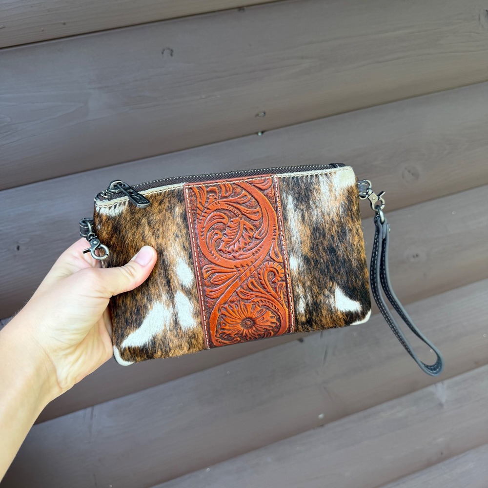 Montana West Wristlet Clutch Women Brown Cowhide Tooled Leather Floral Western